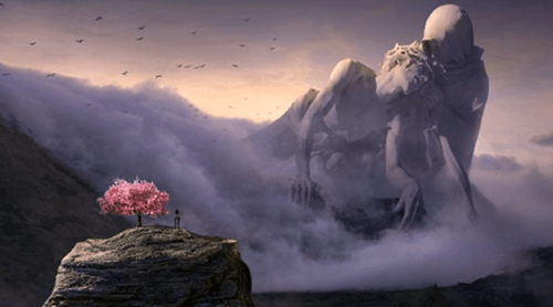 산 꼭대기에 신과 같은 존재가 사람보다 훨씬 큰 인물로 구름 사이에 있는 사진 입니다.