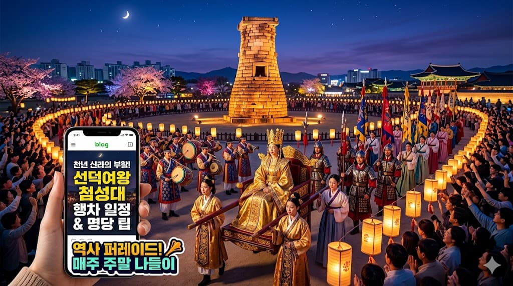화려한 신라 복식을 갖춰 입은 선덕여왕과 신라 군사들이 첨성대 앞을 행차하는 역사 재현 퍼레이드 장면