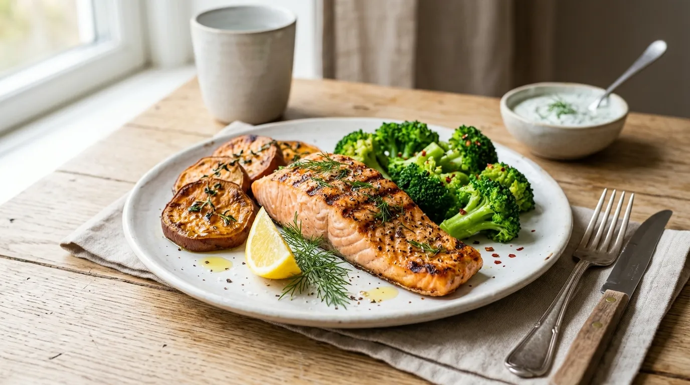 접시 위에 구운 연어와 브로콜리 고구마가 담긴 항염 식단