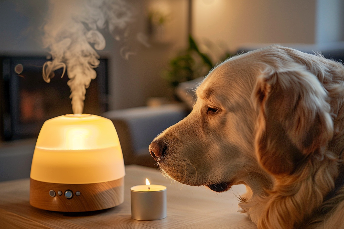 A dog sneezing near a diffuser on a table,