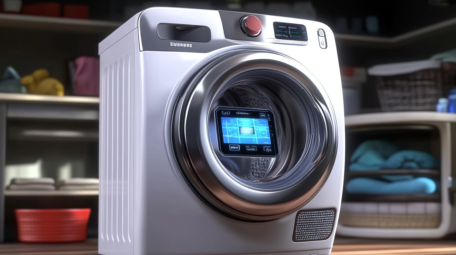 최신 기술을 갖춘 삼성 세탁기가 스마트 홈에서 디지털 터치 인터페이스를 통해 AI 시스템 기능을 보여주는 모습