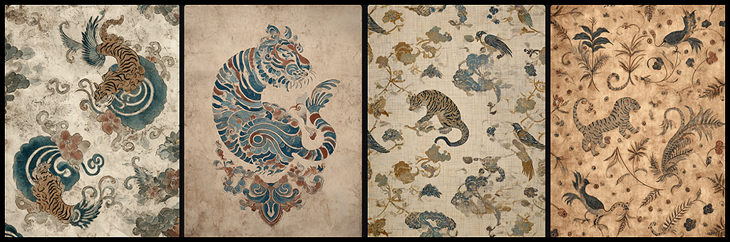 호랑이와 까치 모티프를 현대적으로 재해석한 한국 민화풍 브랜드 패턴 그래픽 이미지_Midjourney