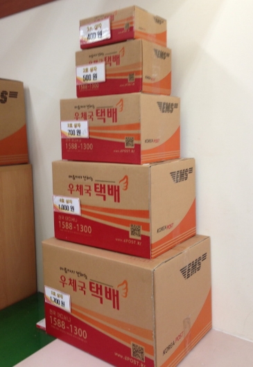 우체국 직원이 택배 상자의 무게를 재고 있는 모습