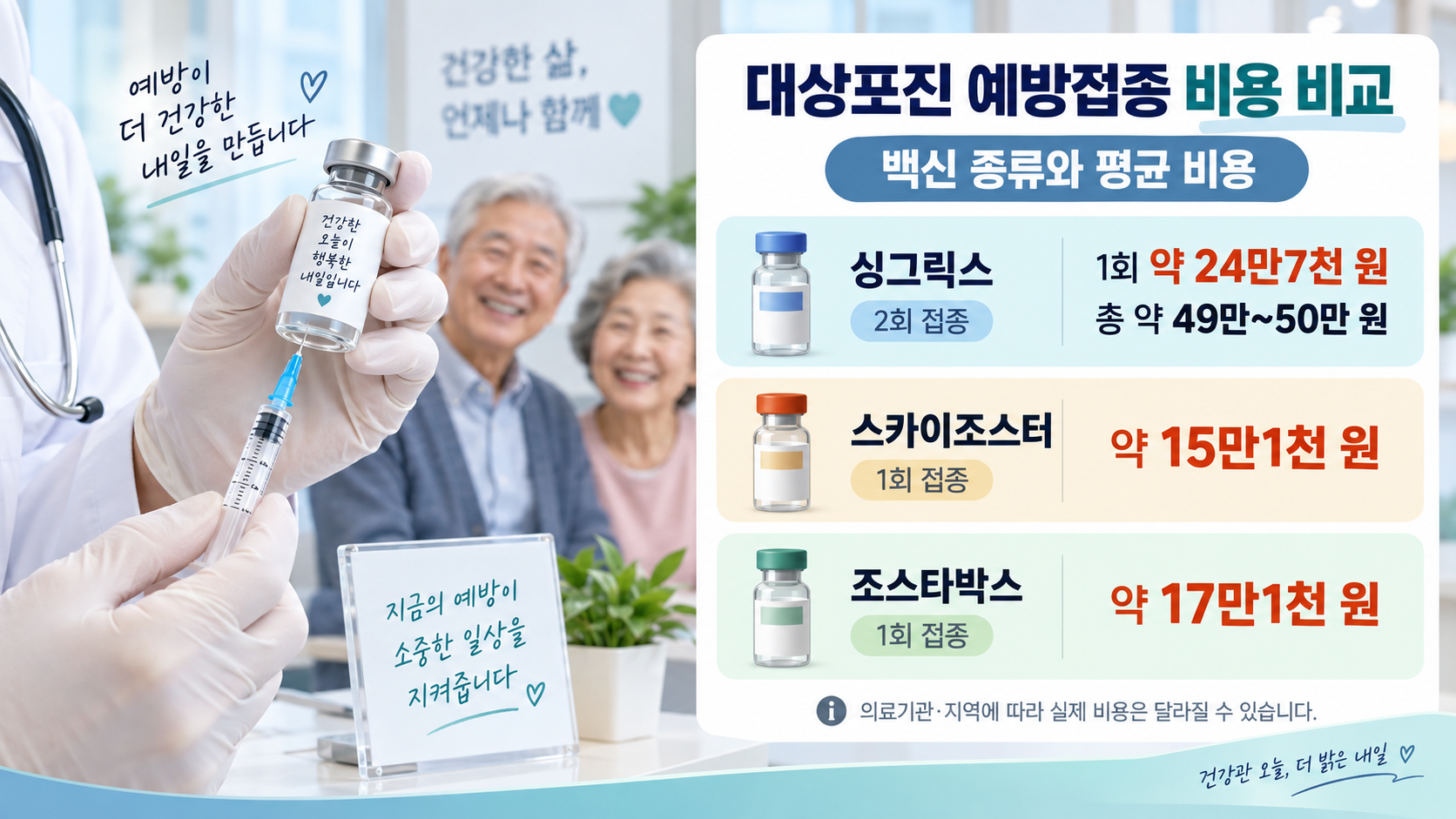 대상포진 예방접종 종류와 싱그릭스 등 백신 비용을 비교하는 이미지