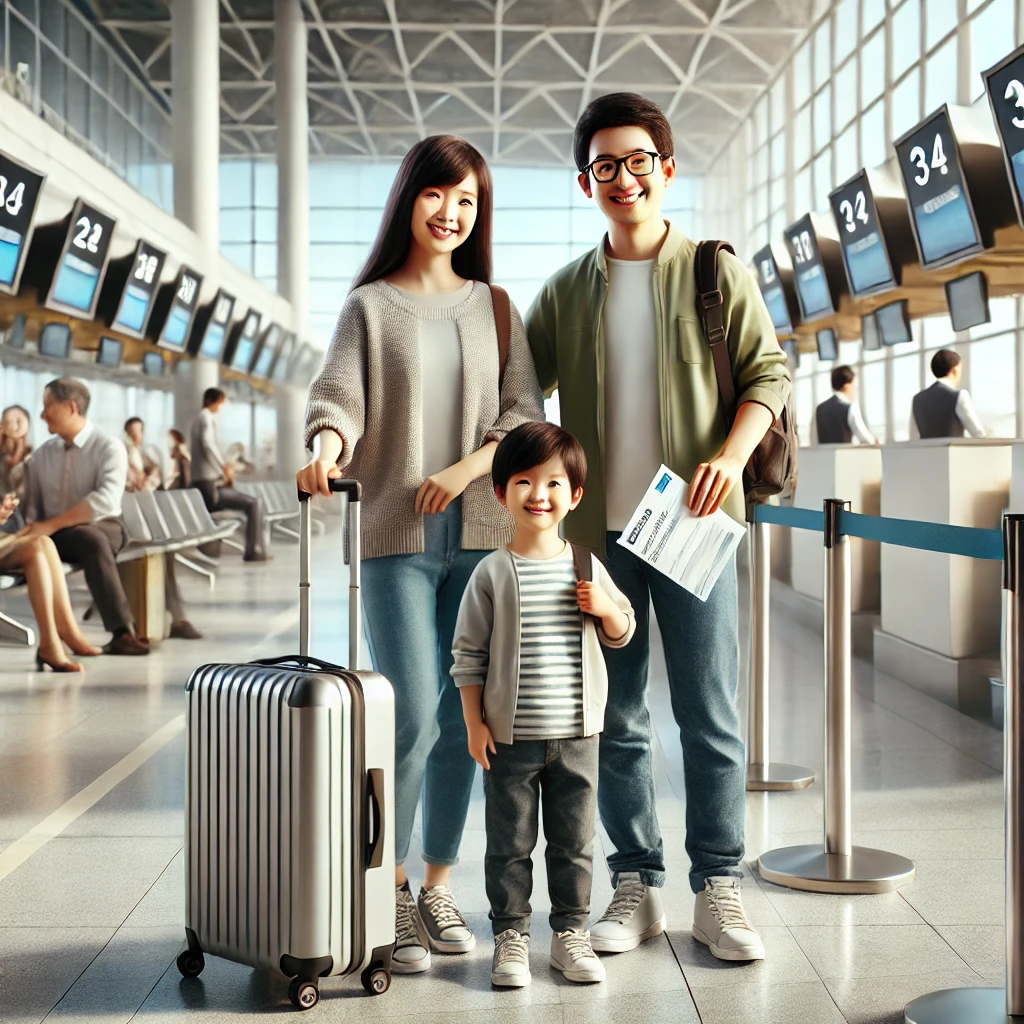 가족 단위 여행객이 공항에서 캐리어를 끌고 이동하는 모습