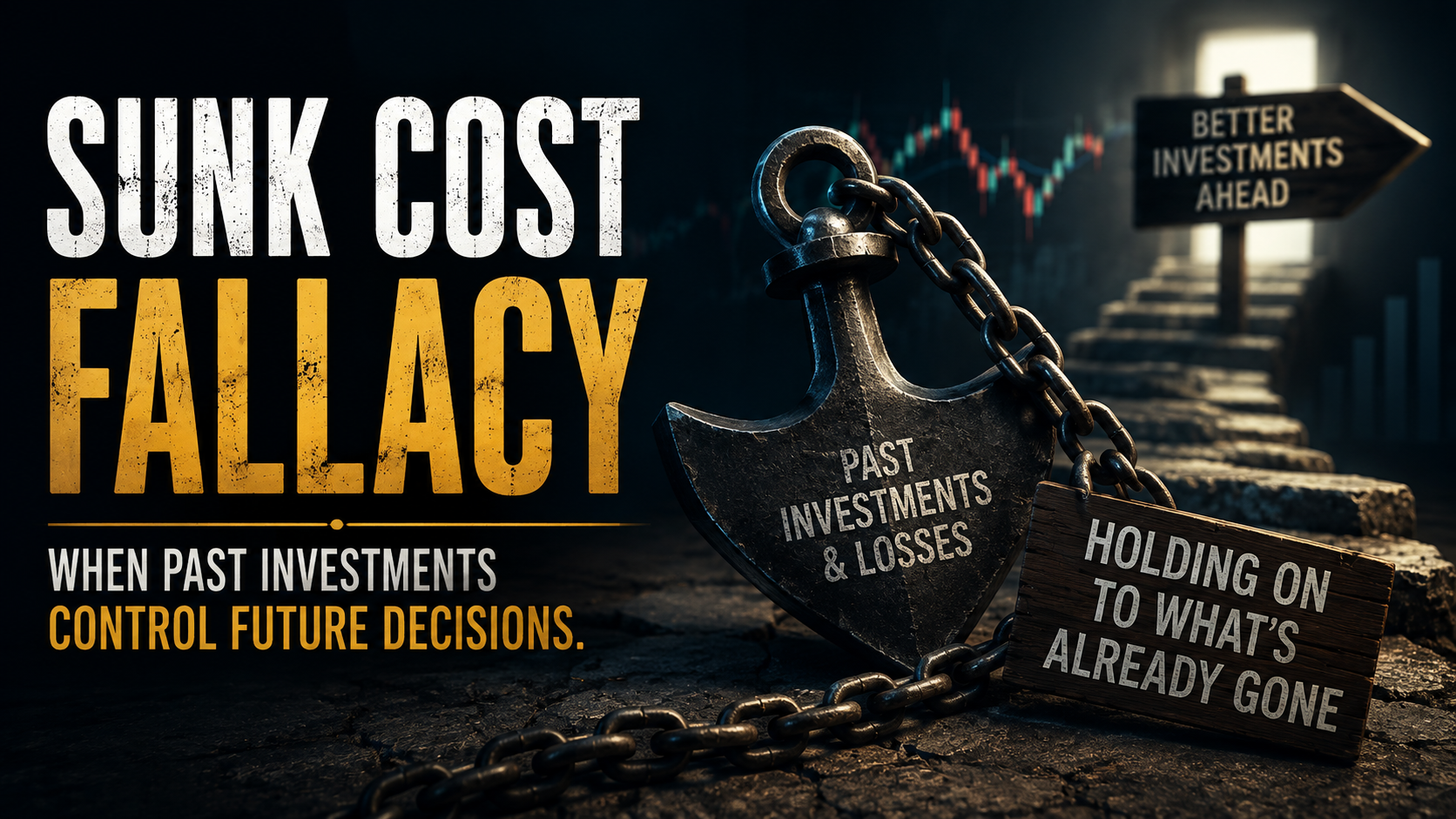 Concept illustration of the Sunk Cost Fallacy with past investments and emotional attachment influencing investment decisions.