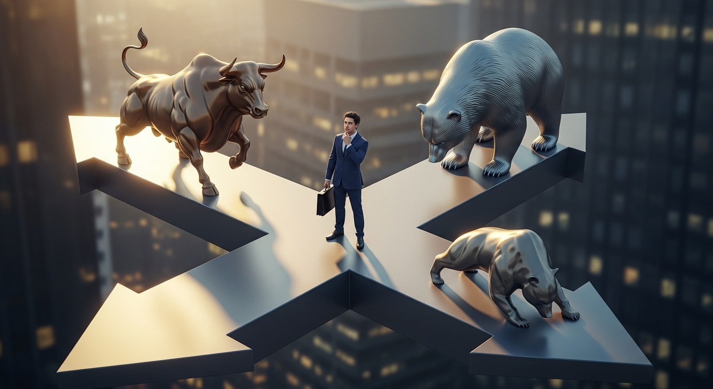 Image of a crossroads with rising (Bull) and falling (Bear) stock arrows intersecting, showing an investor making a careful choice.