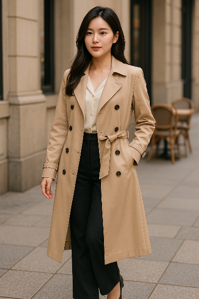 트렌치코트 + 슬랙스 + 브라우스