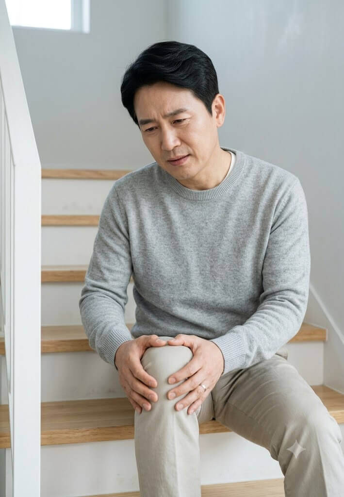 무릎통증으로 계단에 주저앉아있는 남성의 모습