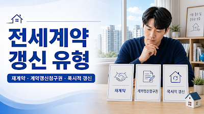 전세계약 재계약&middot;계약갱신청구권&middot;합의갱신&middot;묵시적 갱신 방식별 확인사항을 비교한 이미지