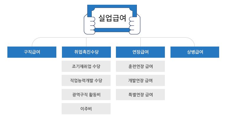 실업급여를 구직급여 취업촉진수당, 연장급여, 상병급여로 분류한 표