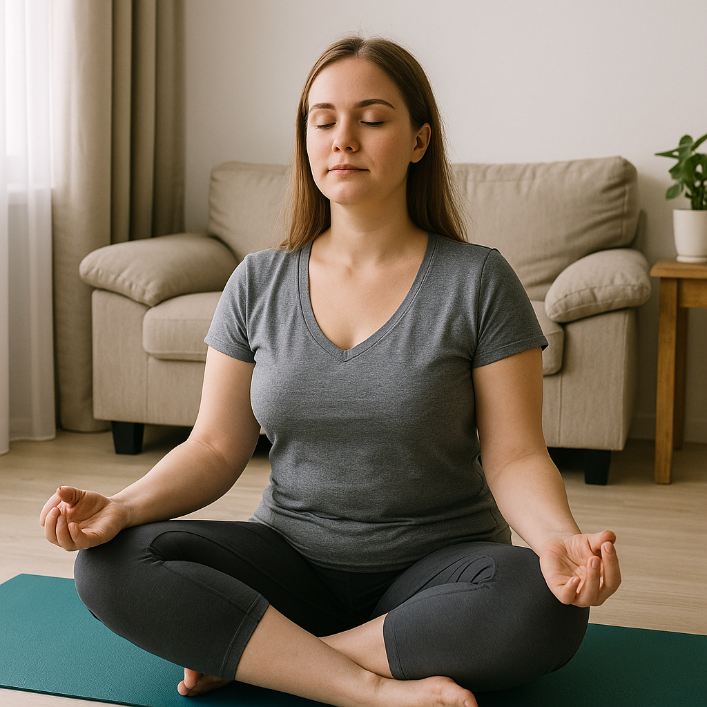 햇살이 비치는 거실에서 요가 매트 위에 앉아 명상하는 여자의 모습