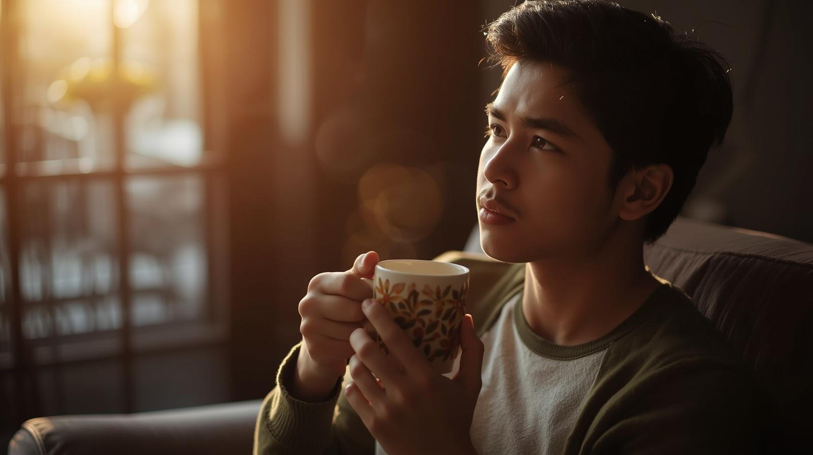 소비를 후회하며 생각에 잠긴 사람의 일상 장면