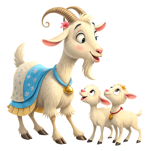 하얀색 털을 가진 엄마 염소와 아기 염소 두 마리가 마주보며 웃는다.