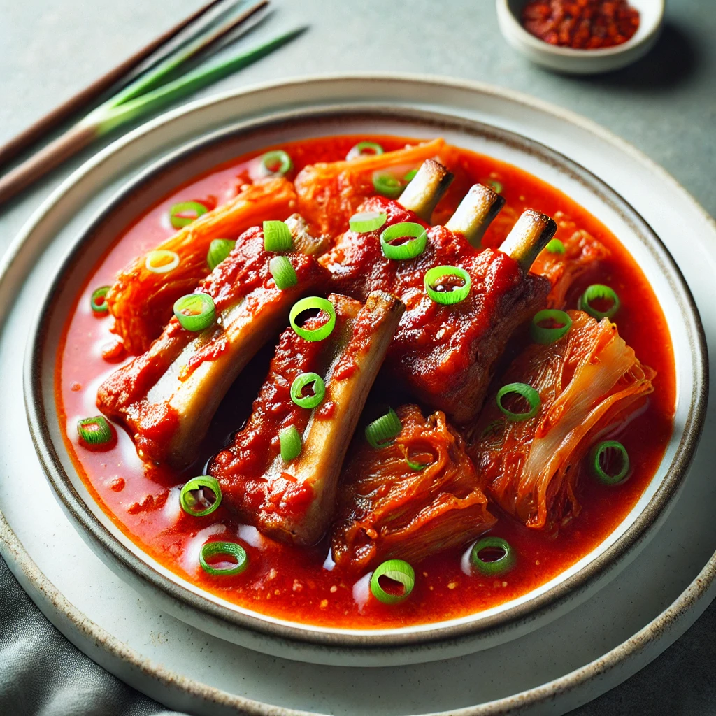 돼지갈비 김치찜 완성 요리가 접시에 담긴 모습
