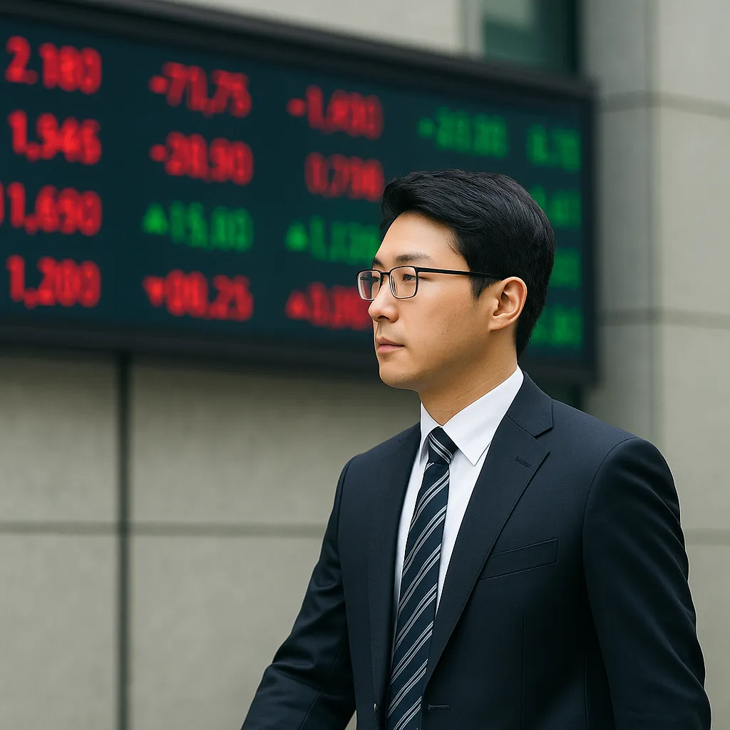 주식 전광판 앞을 지나가는 정장 차림의 남성