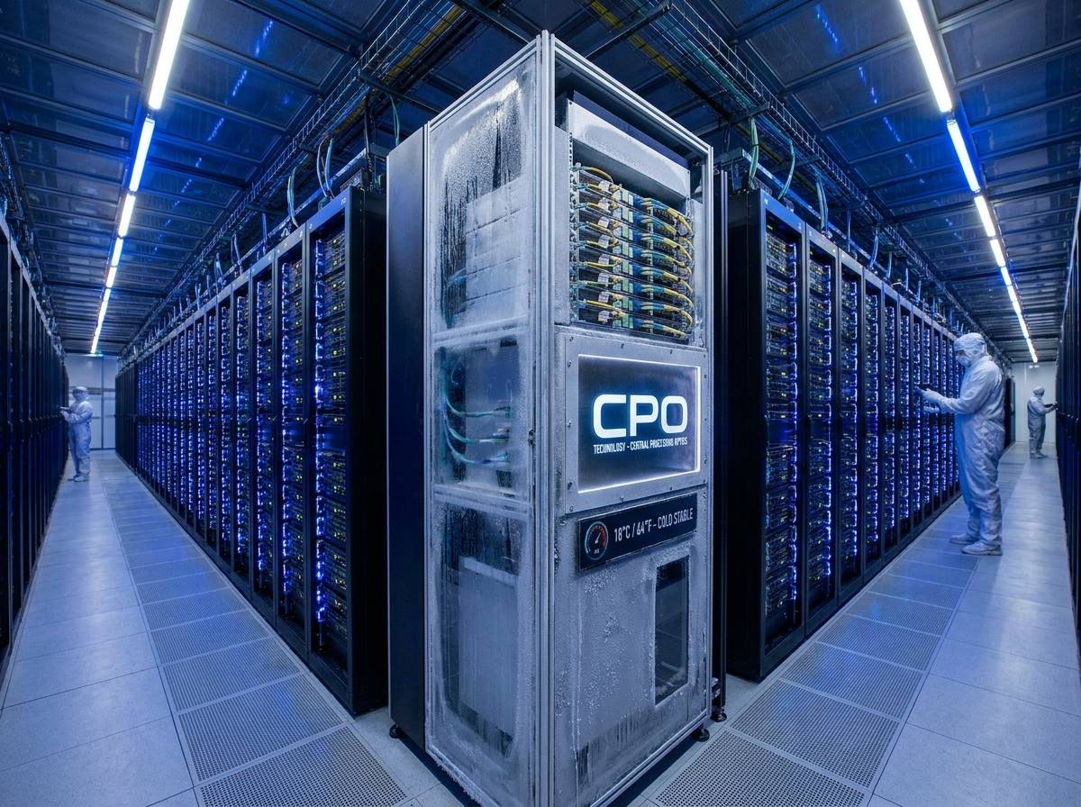 대규모 AI 데이터센터 내부에 서버 랙들이 줄지어 있고, 그 중심에서 CPO 기술이 적용된 서버가 차갑고 안정적으로 가동되는 모습
