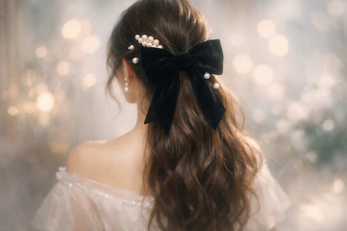 벨벳 리본과 진주를 활용하여 고전적인 우아함을 연출한 리젠시풍 헤어 액세서리 스타일링.