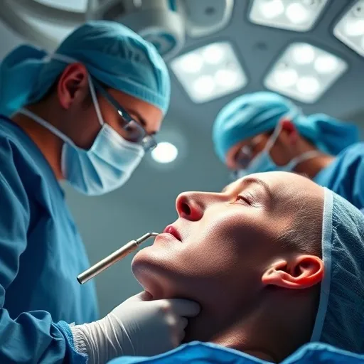 수술복을 입은 의료진이 첨단 장비(예: 내시경 수술 기구)를 이용해 환자의 부비동 부위를 정교하게 수술하는 모습을 묘사합니다. 얼굴 내부의 부비동 부위를 확대하여 보여줄 수 있습니다.