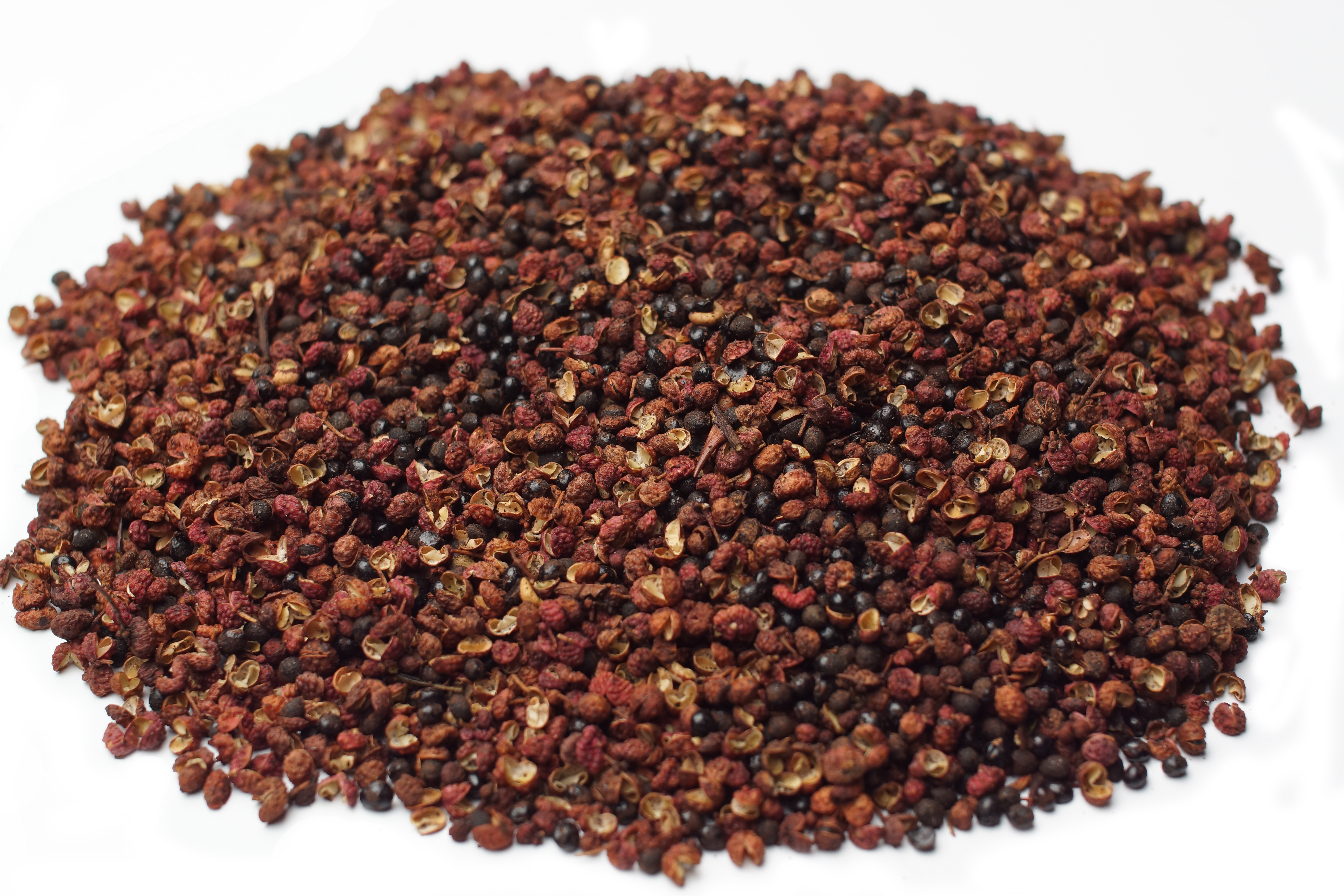 야생에서 채취를 한 산초나무의 열매인 산초를 잘 세척한 후에 바싹 말려서 하얀 바닥 위에 수북하게 쌓아두고 찍은 사진