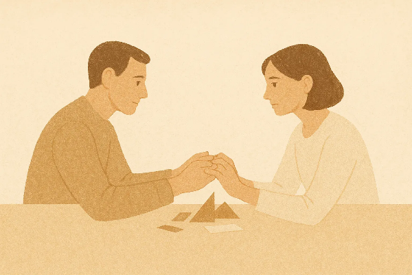 조용한 분위기 속에서 손을 맞잡고 마주 앉은 두 사람