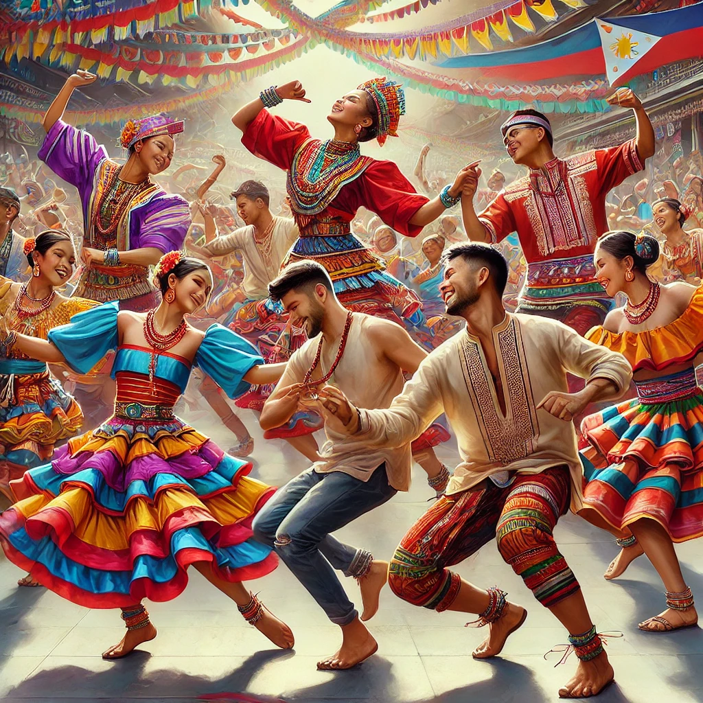 화려한 전통 의상을 입고 필리핀 전통 춤을 추는 사람들의 활기찬 모습
