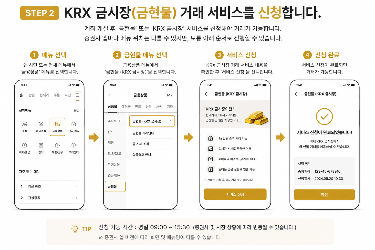 증권사 앱에서 KRX 금시장 거래 서비스를 신청하는 화면