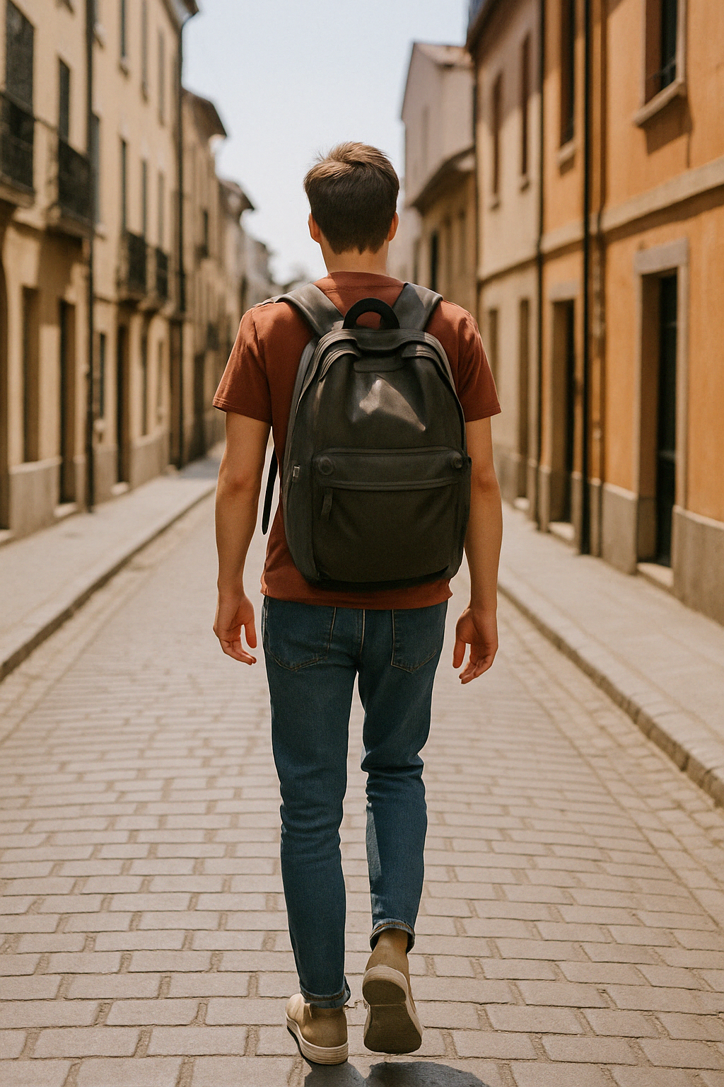 백팩을 메고 걷는 혼행자: 가벼운 짐으로 이동 중인 여행자의 모습을 담은 이미지입니다.