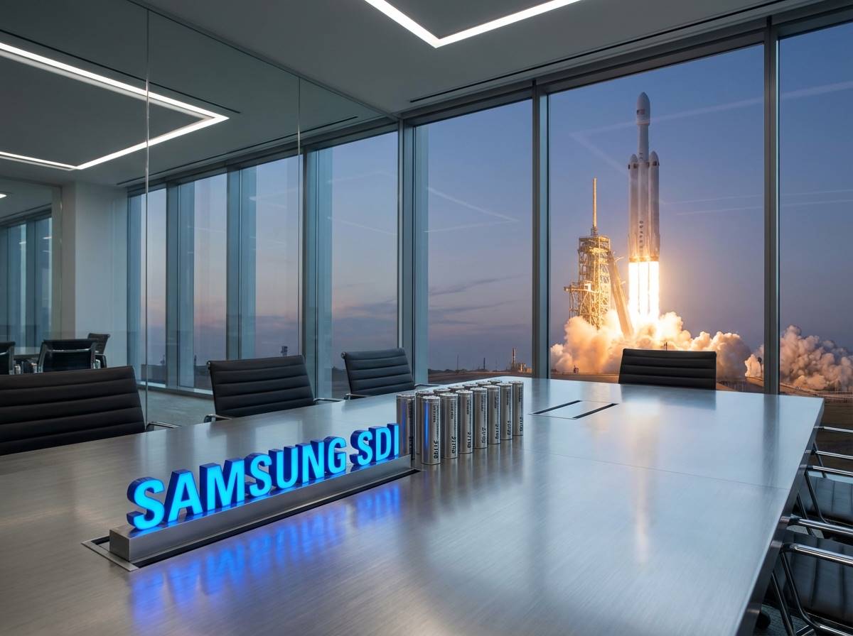 웅장한 스페이스X 우주선이 발사되는 배경 앞에 삼성SDI의 파란색 로고와 고성능 원통형 배터리가 나란히 배치된 미래지향적인 비즈니스 이미지