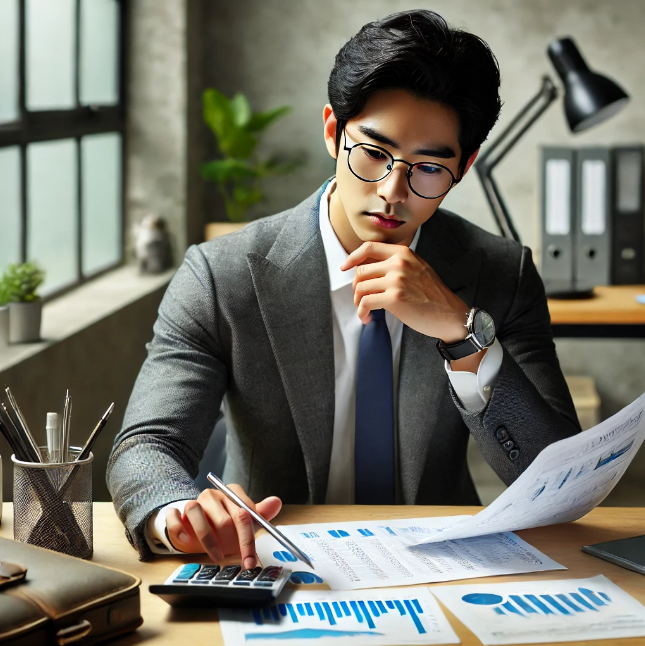 사업가가 사무실에서 재무서류를 분석하는 모습