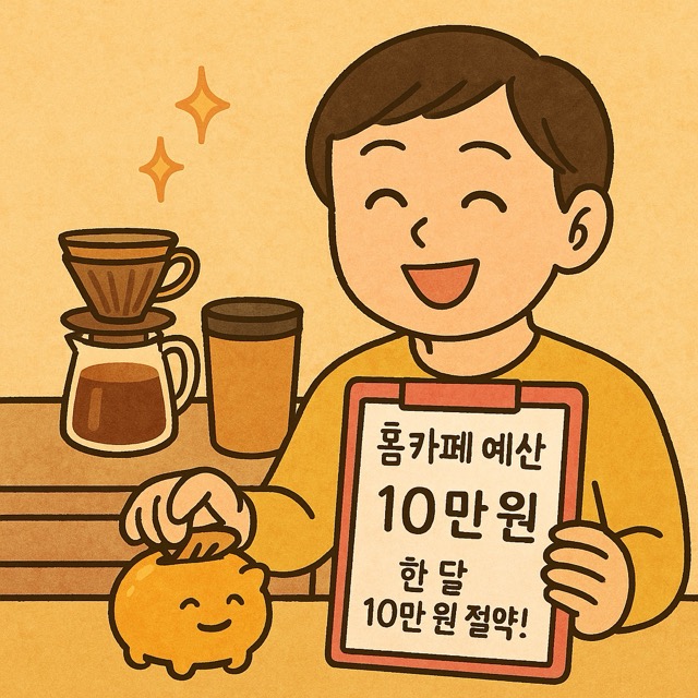 카페 음료 대신 홈카페 예산표를 보며 ‘한 달 10만 원 절약!’에 미소 짓는 캐릭터