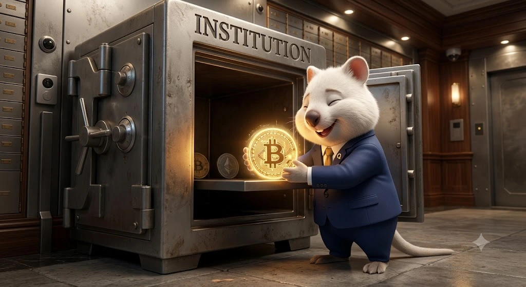 정장을 입은 귀여운 흰색 쿼카가 'INSTITUTION(제도권)'이라고 적힌 거대하고 튼튼한 강철 금고 안에 빛나는 비트코인을 안전하게 보관하며 안심하고 미소 짓고 있는 3D 일러스트.