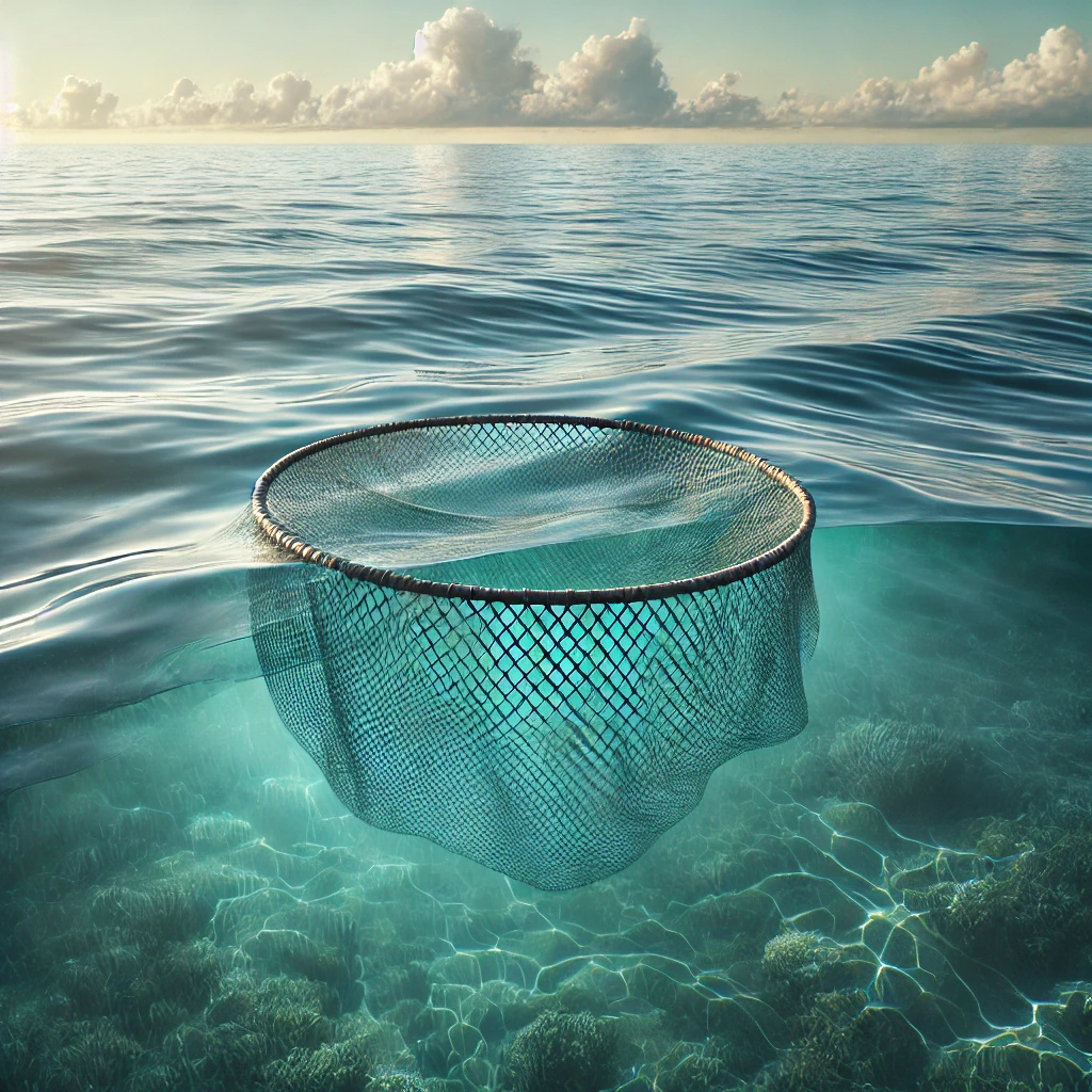맑은 바다 위에 펼쳐진 친환경 어망, 해양 생태계 보호와 지속 가능한 어업을 위한 어망