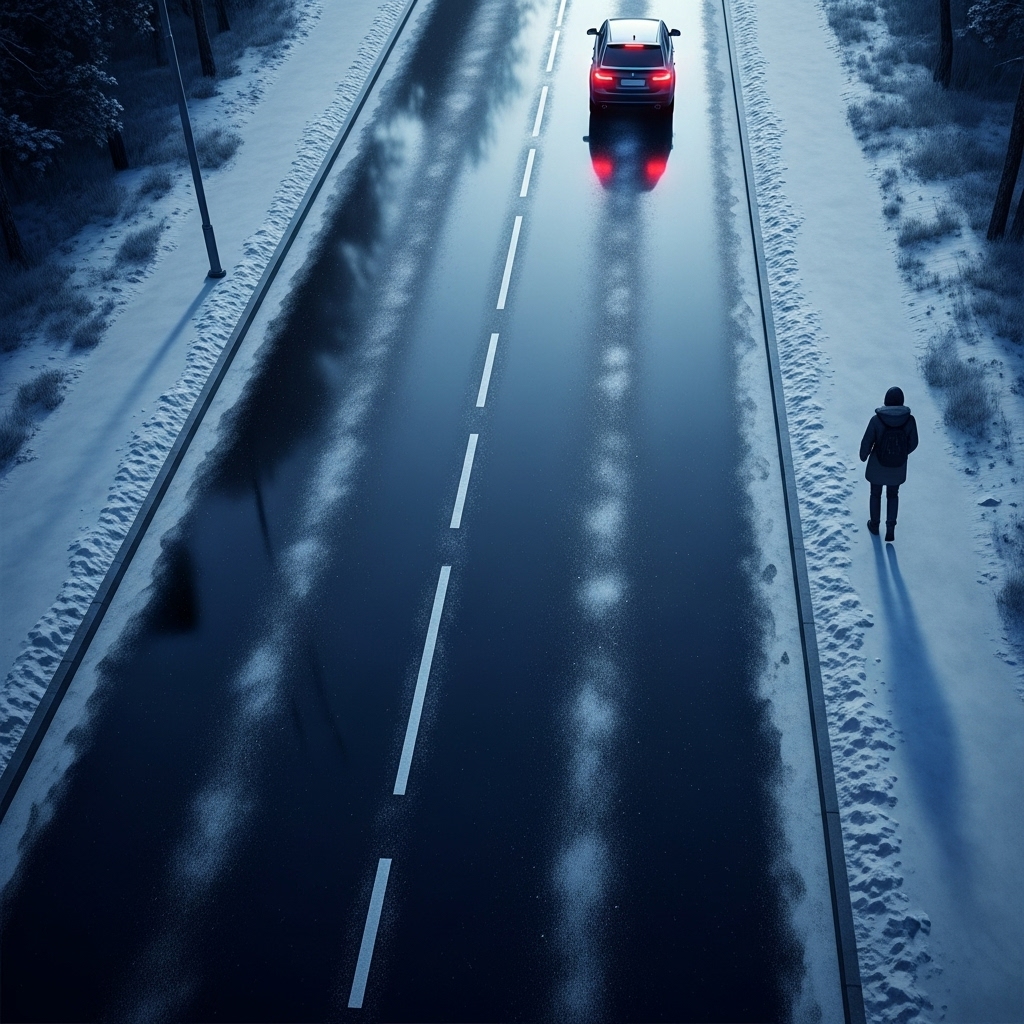 육안으로 잘 보이지 않는 검은색 얼음, 블랙아이스로 덮인 도로 위를 조심스럽게 운전하는 차량과 걷는 보행자의 모습