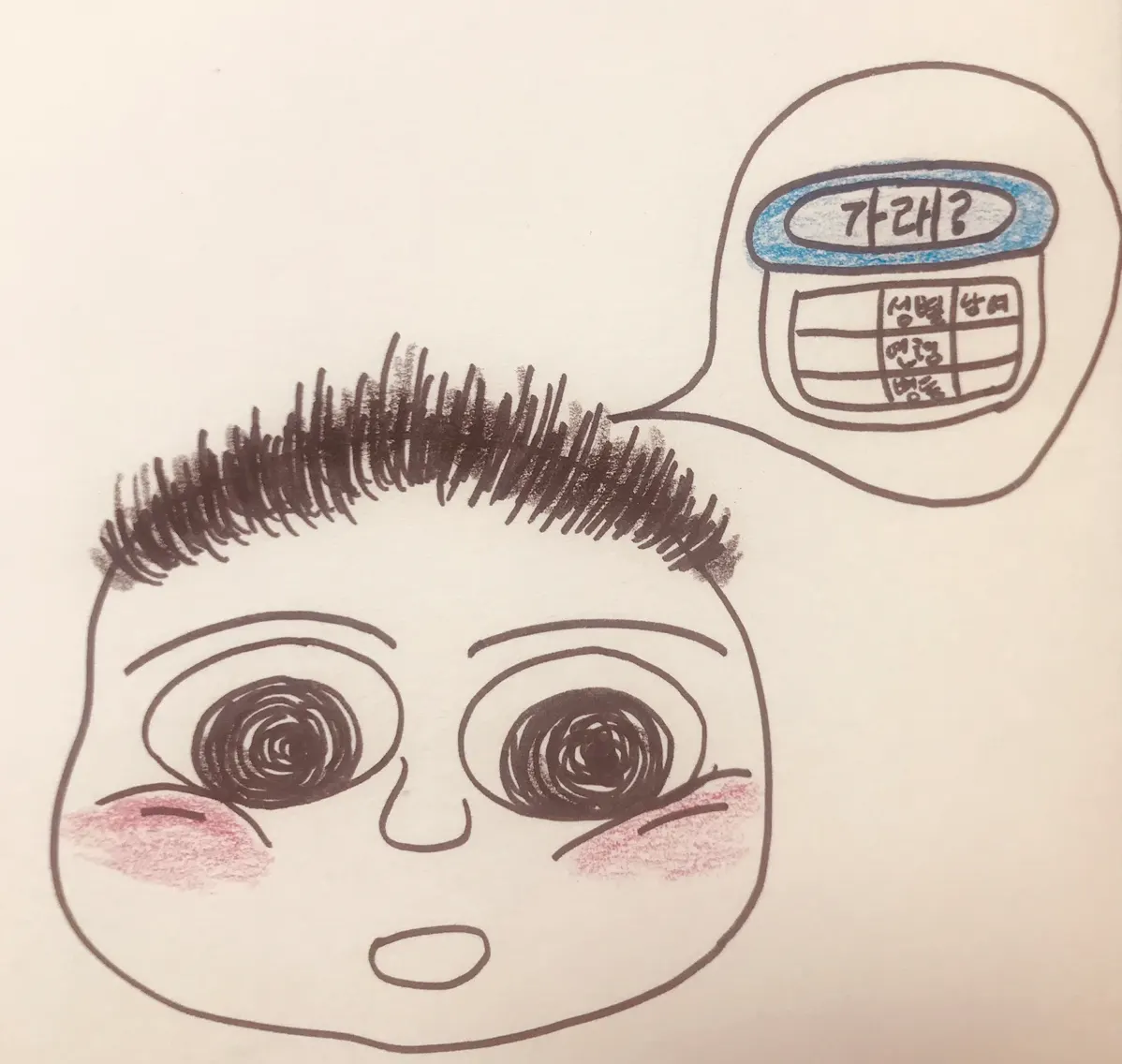 초등학생 남자 환자-상기된 얼굴-빡빡머리-동그란 눈-가래통-가래통을 생각하는 모습