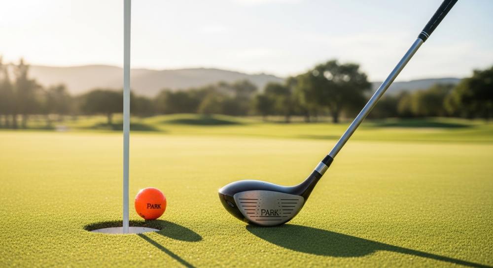 필드에 골프채와 골드공 올라와있는 사진