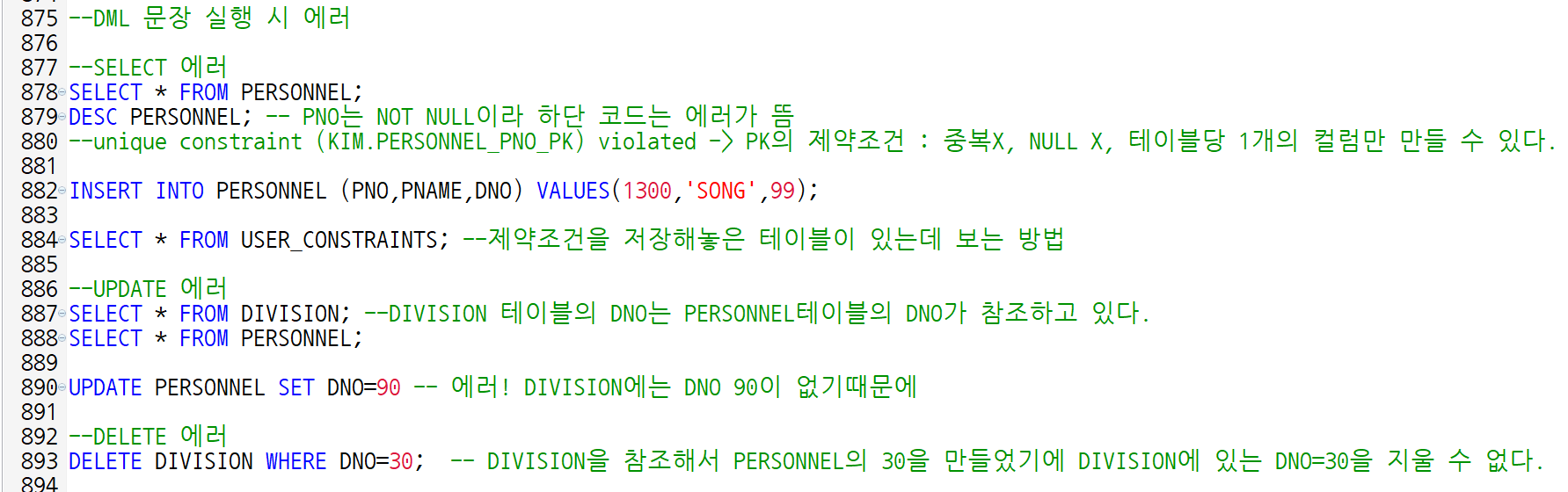 DML 문장 실행 시 에러