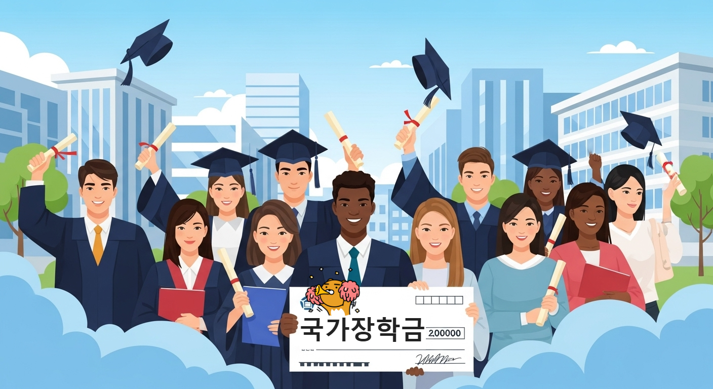 다양한 배경의 학생들이 대학 캠퍼스에서 즐겁게 졸업을 축하하며, 국가장학금을 통해 학업을 성공적으로 마쳤음을 상징하는 밝고 희망찬 모습