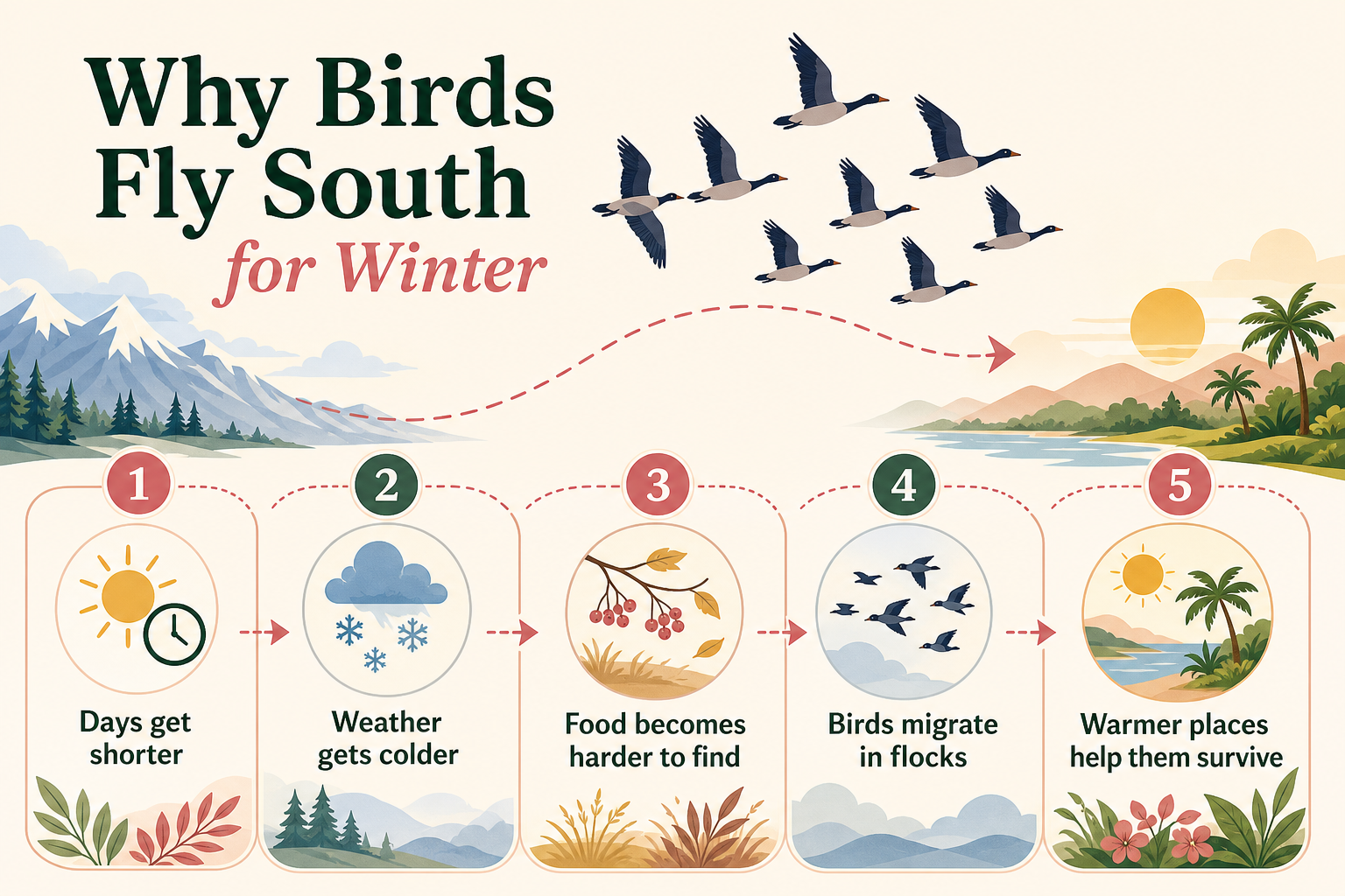 Infographic explaining why birds fly south for winter