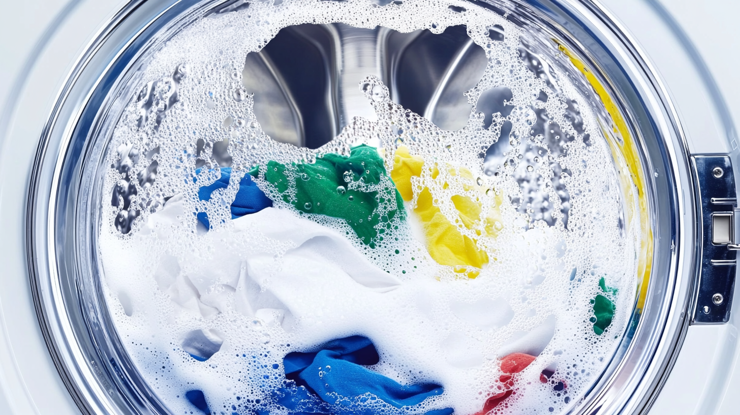 삼성 통돌이 세탁기 내부에서 강력한 물살이 세탁물을 회전시키며 작동하는 모습, 깨끗하고 밝은 조명 아래 표현.