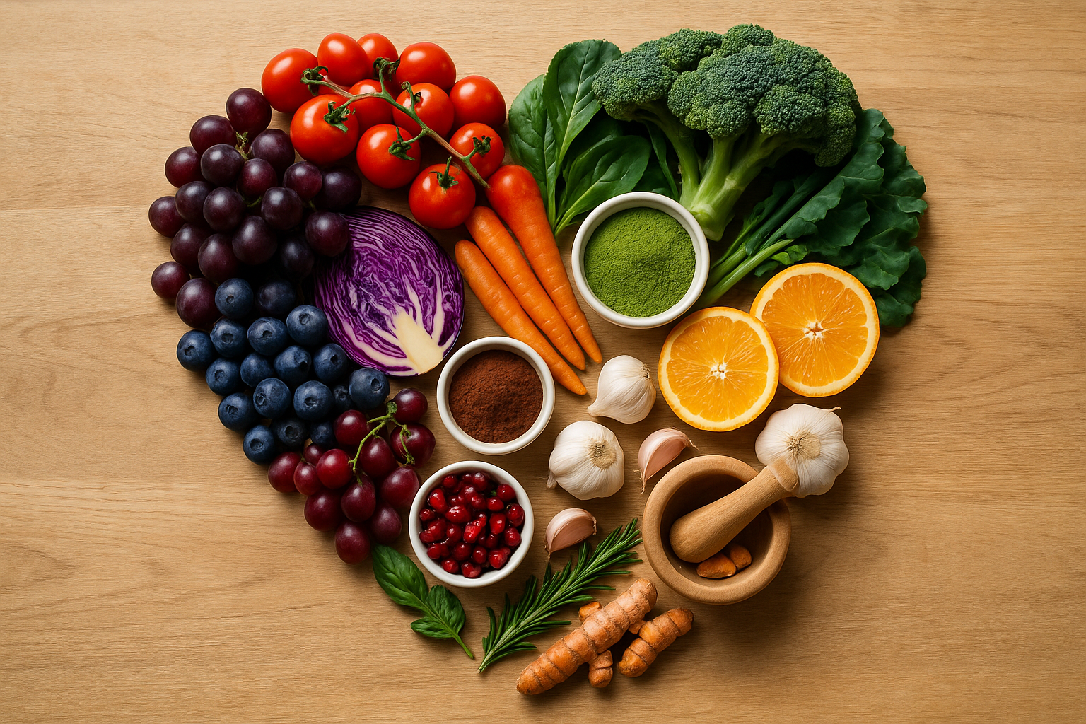 다채로운 과일·채소와 향신료(블루베리, 포도, 토마토, 브로콜리, 시금치, 당근, 보라양배추, 오렌지, 마늘, 석류, 강황 뿌리, 녹차 가루, 코코아 가루, 허브)