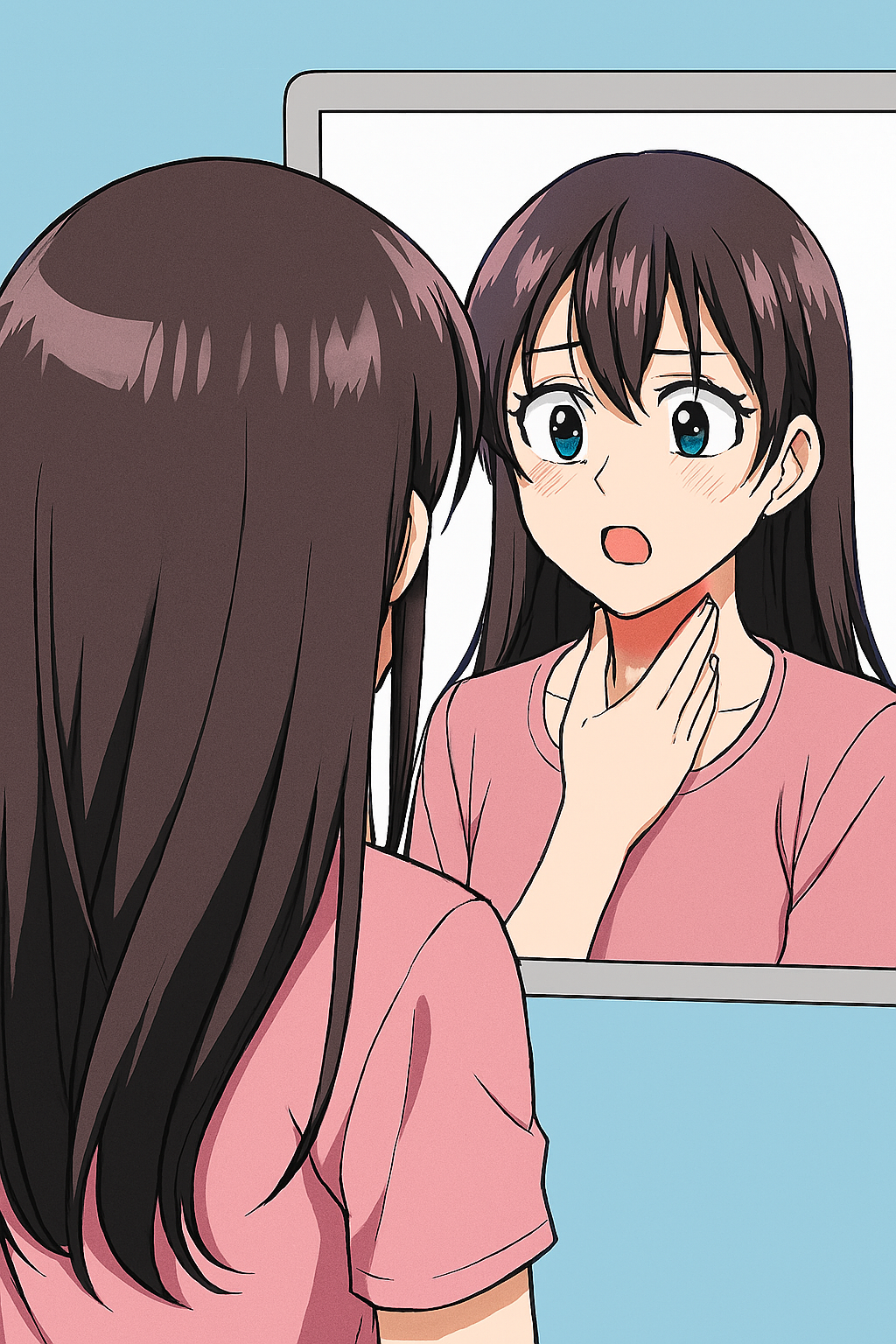 여자가 거울을 보며 목을 만지고 있음