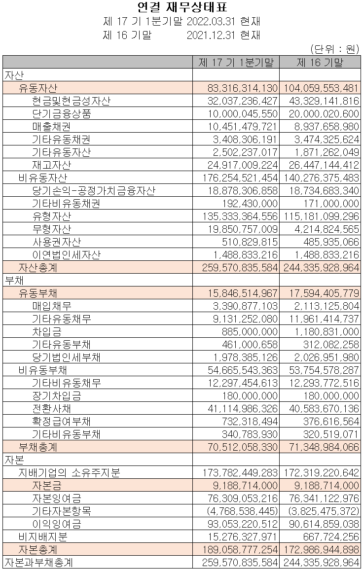 덕산테코피아 - 재무상태표