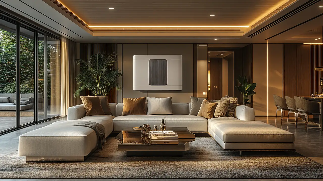 고급스러운 인테리어 속 세련된 디자인의 삼성 무풍 에어컨이 현대적인 거실 분위기를 완성합니다. 품격 있는 생활 공간을 연출합니다.
