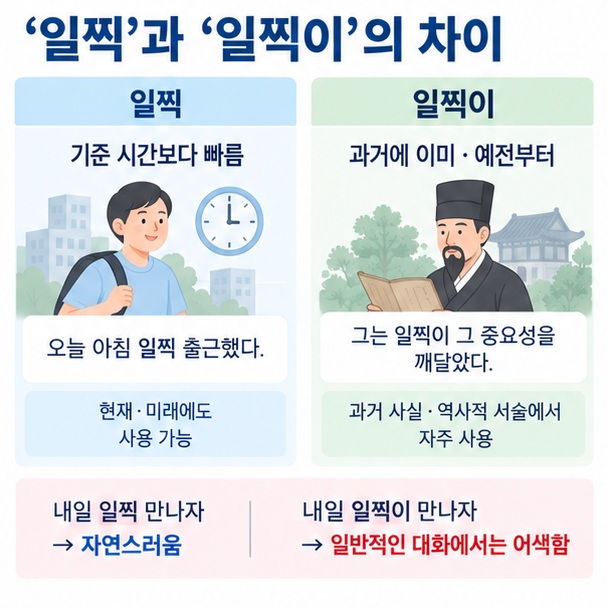 일찍과 일찍이의 차이를 시간 표현과 과거 사실 강조로 비교하는 이미지