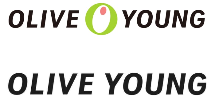 문자 사이에 '올리브' 심볼이 들어간 올리브영의 기존 로고(위쪽)와 새로 바뀐 올리브영 로고(아래쪽). 글로벌과 옴니채널 전략에 맞춰 영문 가독성을 높였다고 회사 측은 설명했다.