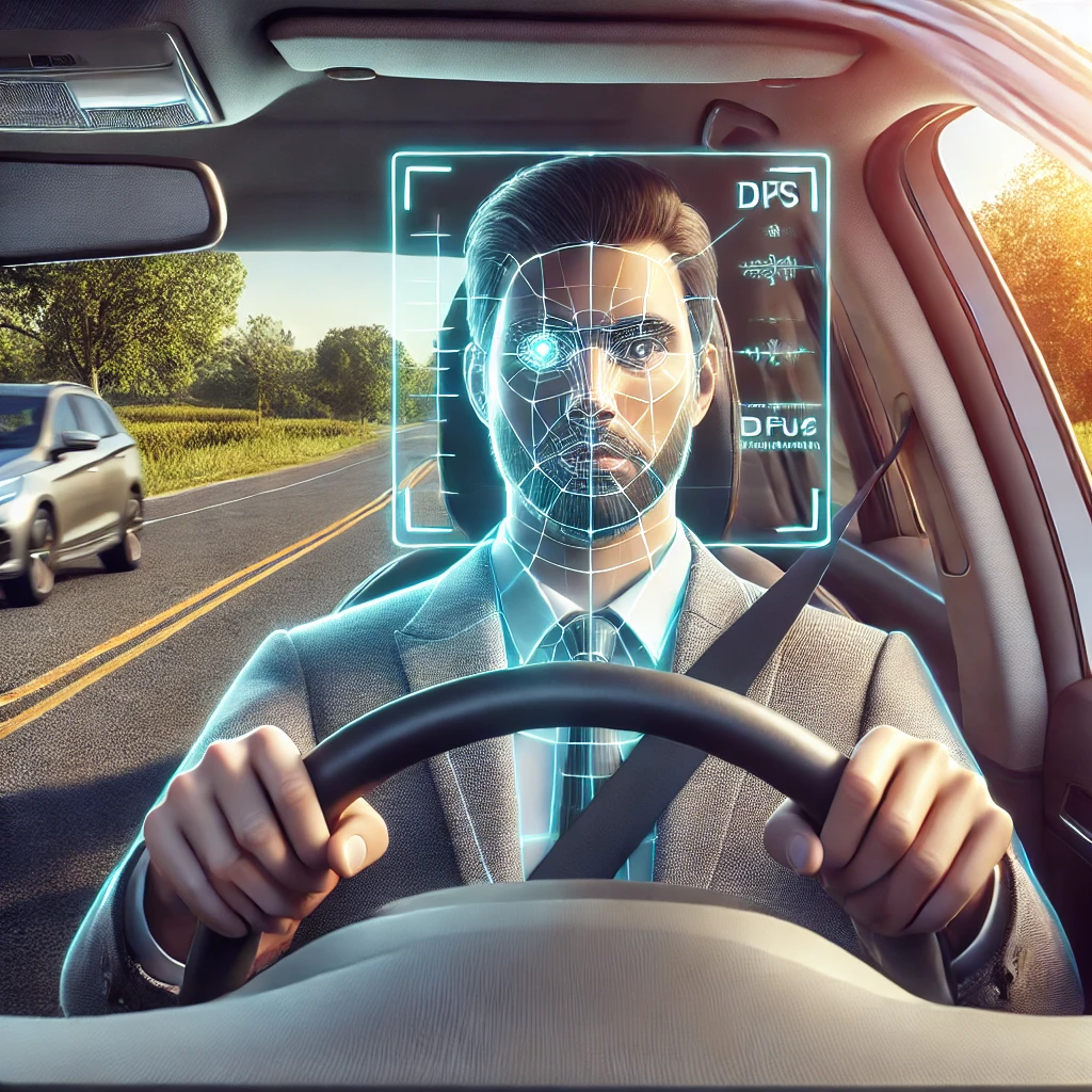 맑고 화창한 날 교외 도로를 주행하는 자동차. 운전자는 침착하고 집중한 표정으로 운전대를 잡고 있으며, 주변에는 나무와 깨끗한 도로가 보임