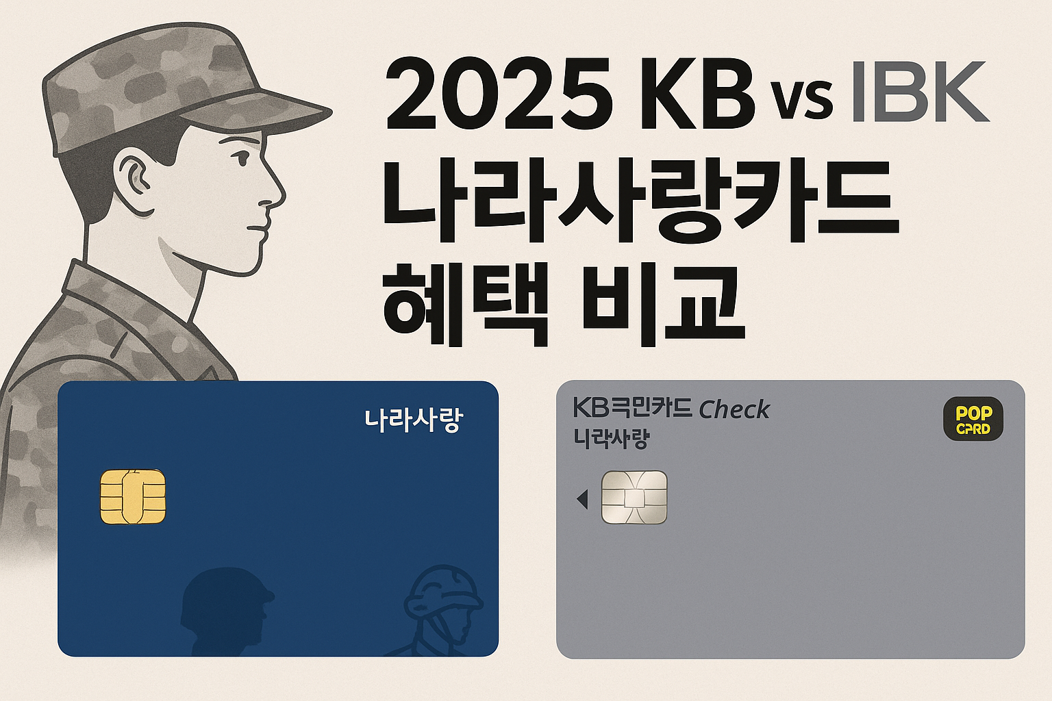 2025 KB, IBK 나라사랑카드 혜택 비교 안내하는 일러스트