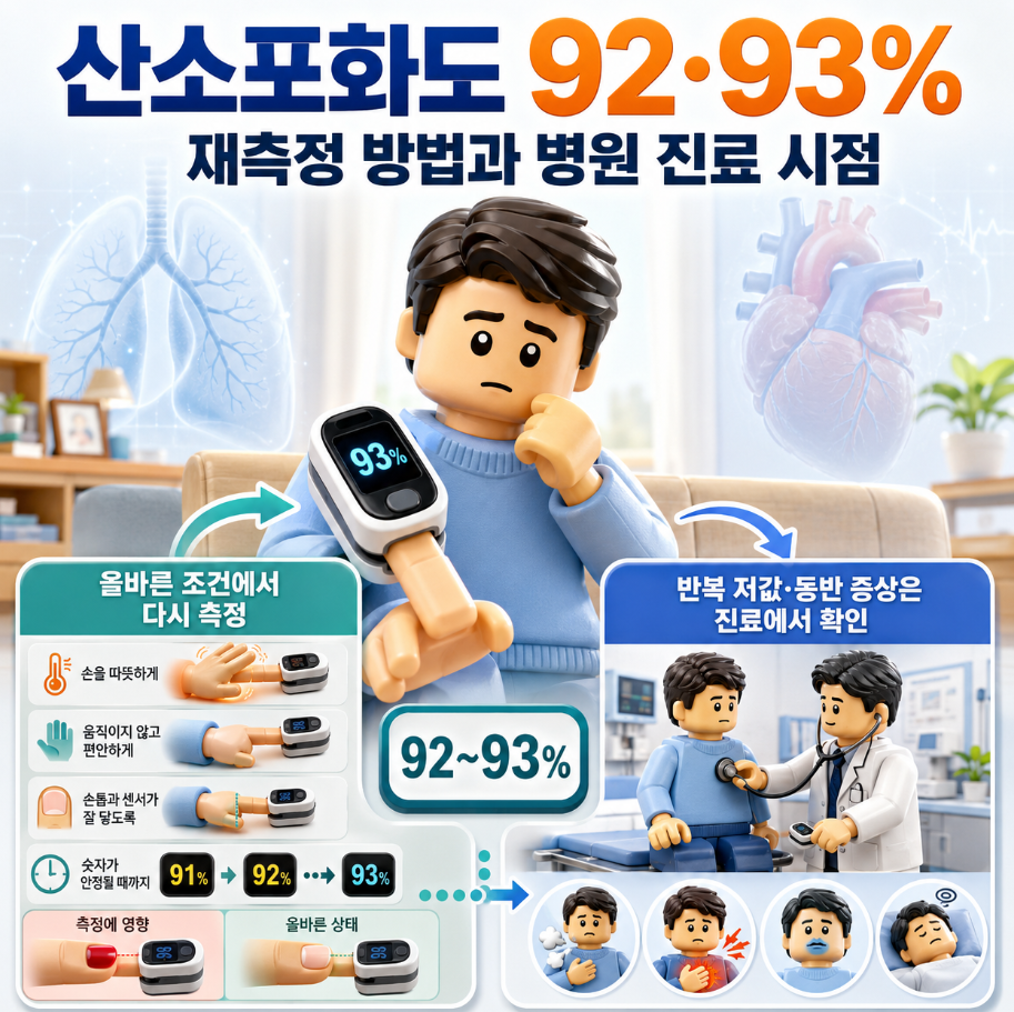 산소포화도 92&middot;93% 측정 후 올바르게 재측정하는 방법과 병원 진료 시점을 보여주는 인포그래픽