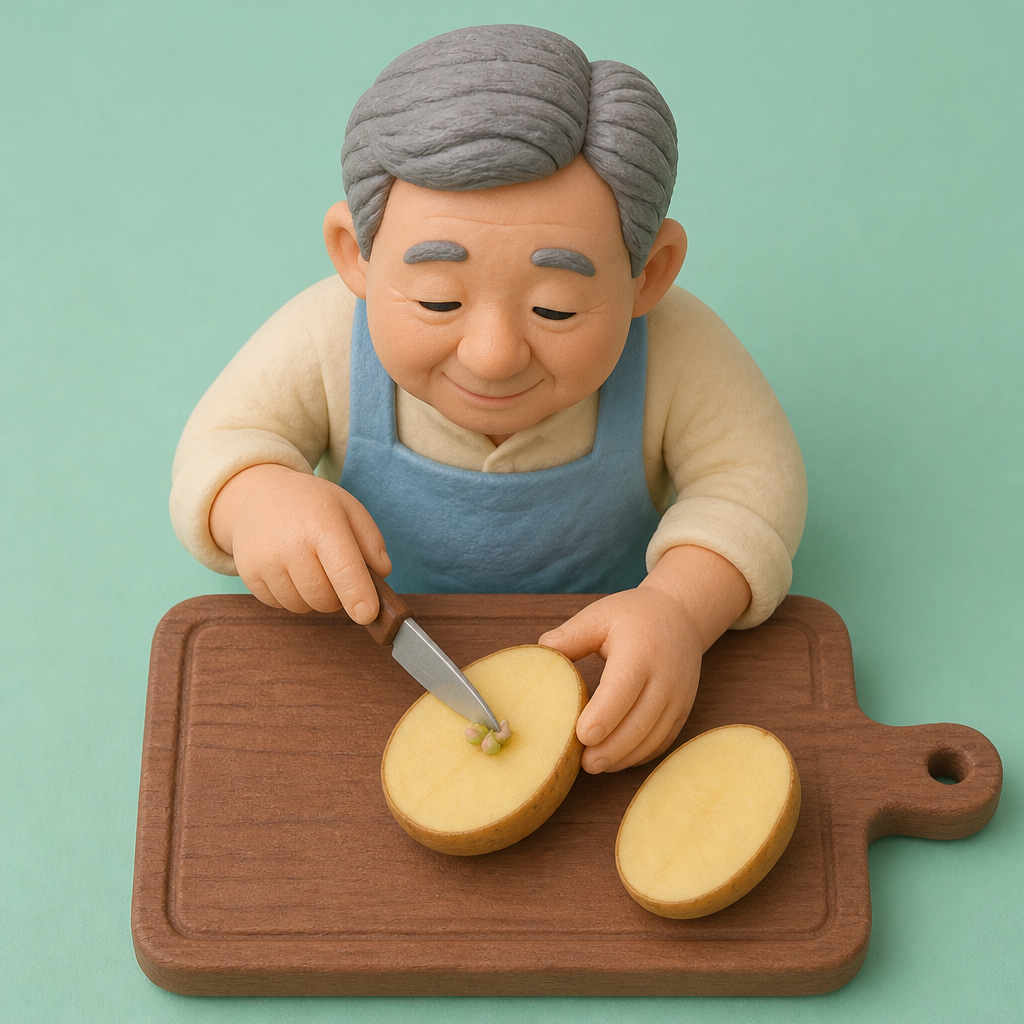 도마 위 감자 단면 앞에서 칼끝으로 싹 자리를 가리키는 60대 남성